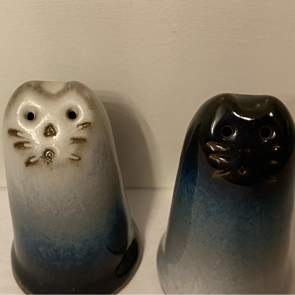PETER POTS SALT PEPPER PAIR CAT KITTEN BLUE POTTERY NEW UNUSED HANDMADE HOME